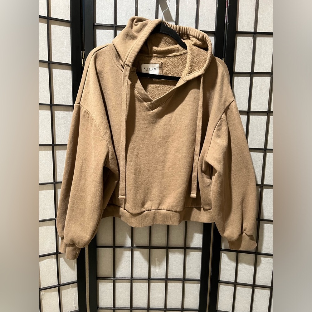 RISEN Los Angeles Camel Beige BROWN CROPPED HOODIE SIZE L